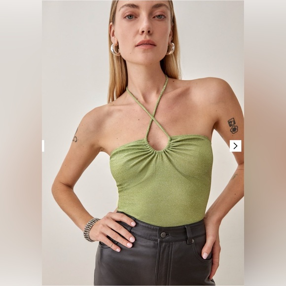 Reformation Tops - Reformation Anders Metallic Stretch Jersey Halterneck Top in Green NWOT | XL